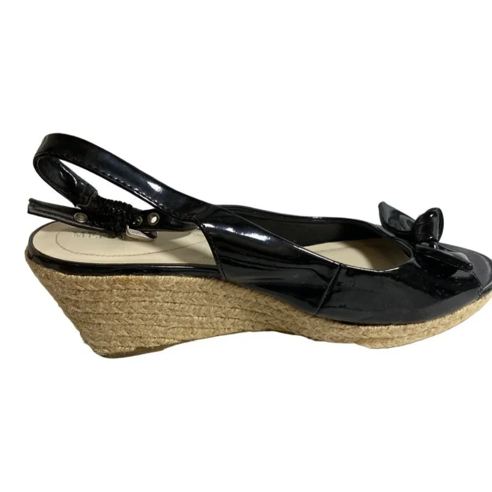 Black patent leather bow embellished espadrille wedges sandals women size 9.5‎